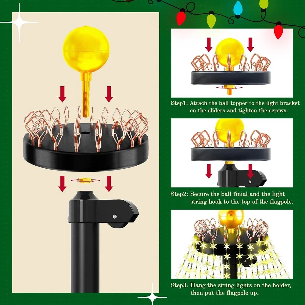 Christmas Tree Flagpole Topper Light Hook 20 Hooks Outdoor Holiday Lights